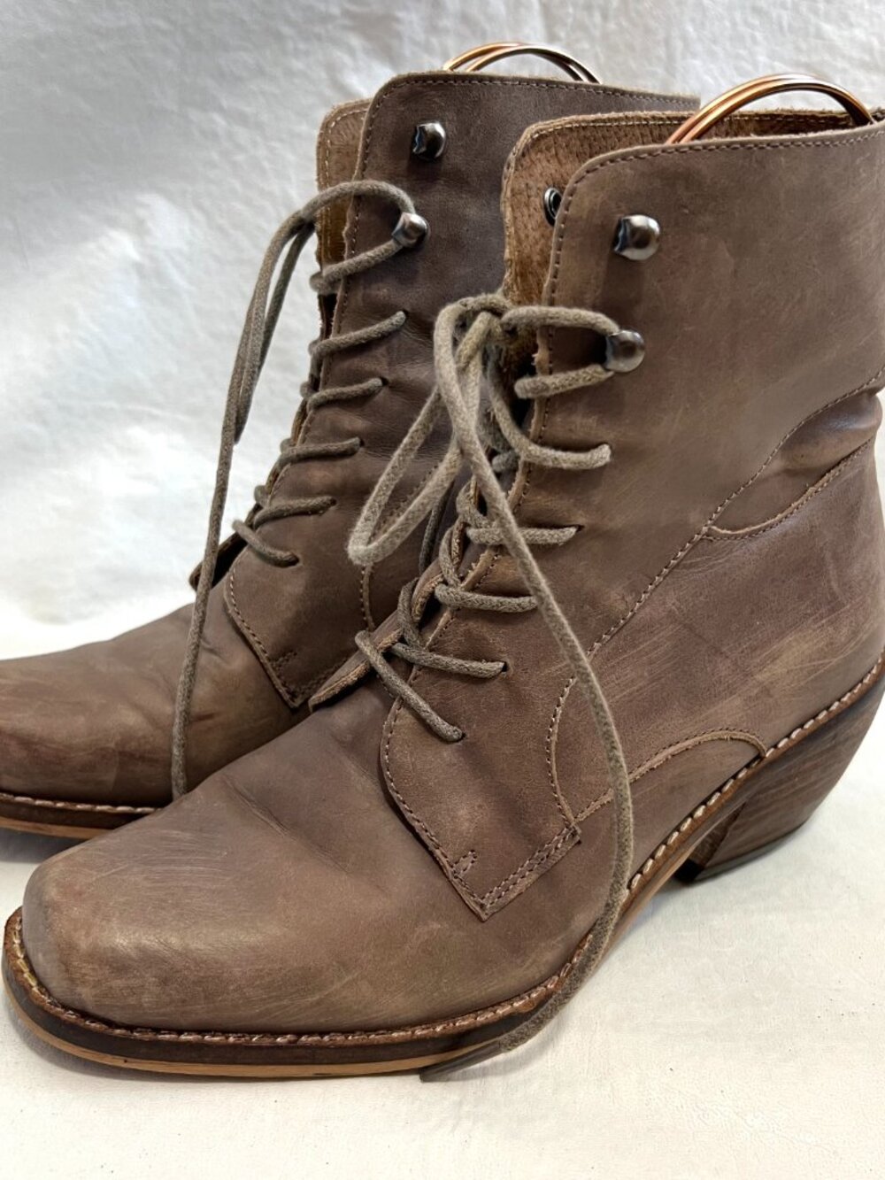MTNG western boots taupe leather square toe lace up block heel 37 6.5 womens - Picture 3 of 12